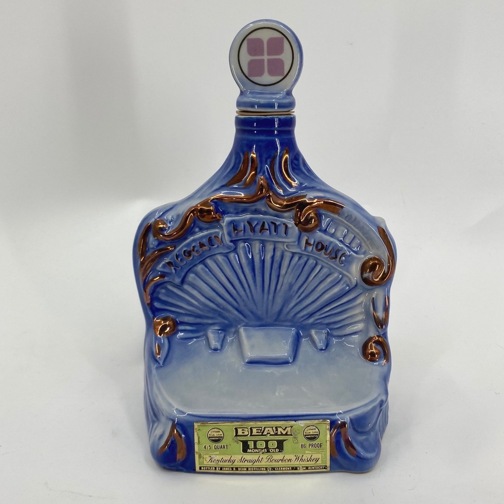 Vintage 1971 Jim Beam Regency Hyatt House Blue Gold Porcelain Decanter Bottle